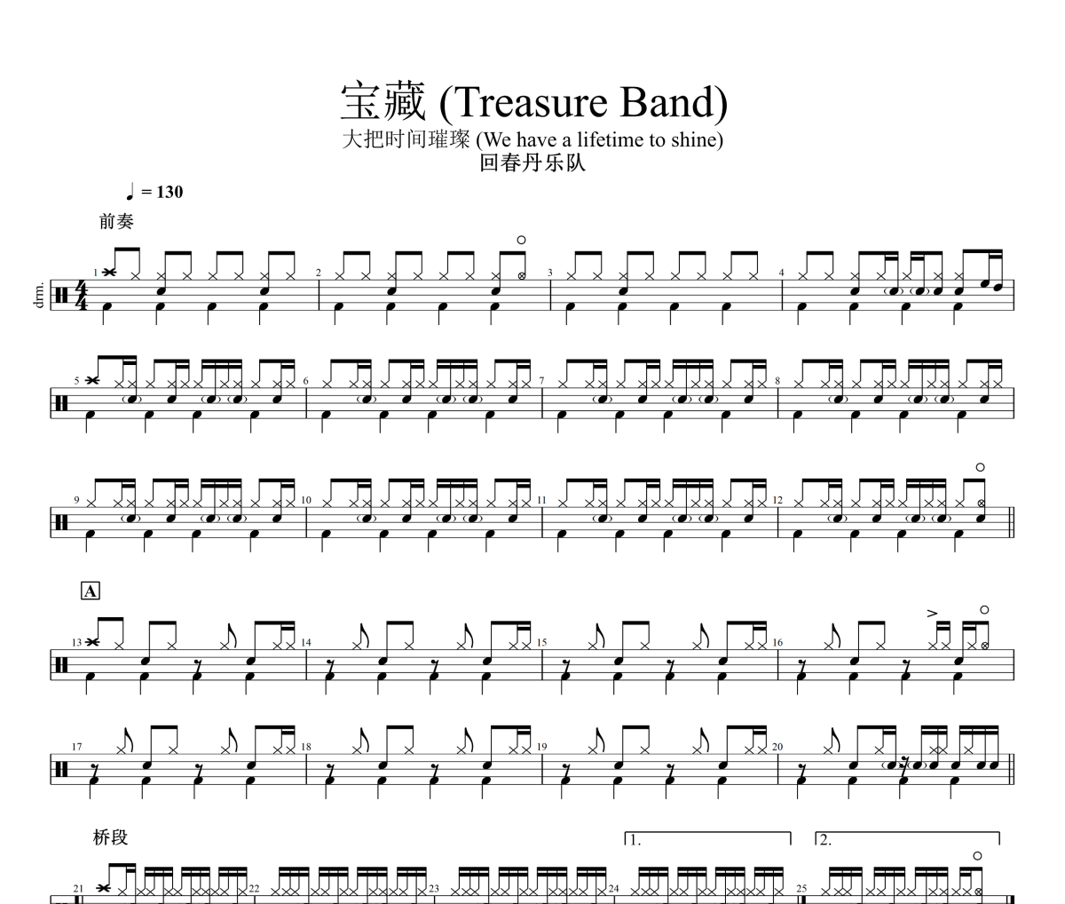 宝藏 鼓谱 回春丹乐队《宝藏 》(Treasure Band)架子鼓|爵士鼓|鼓谱