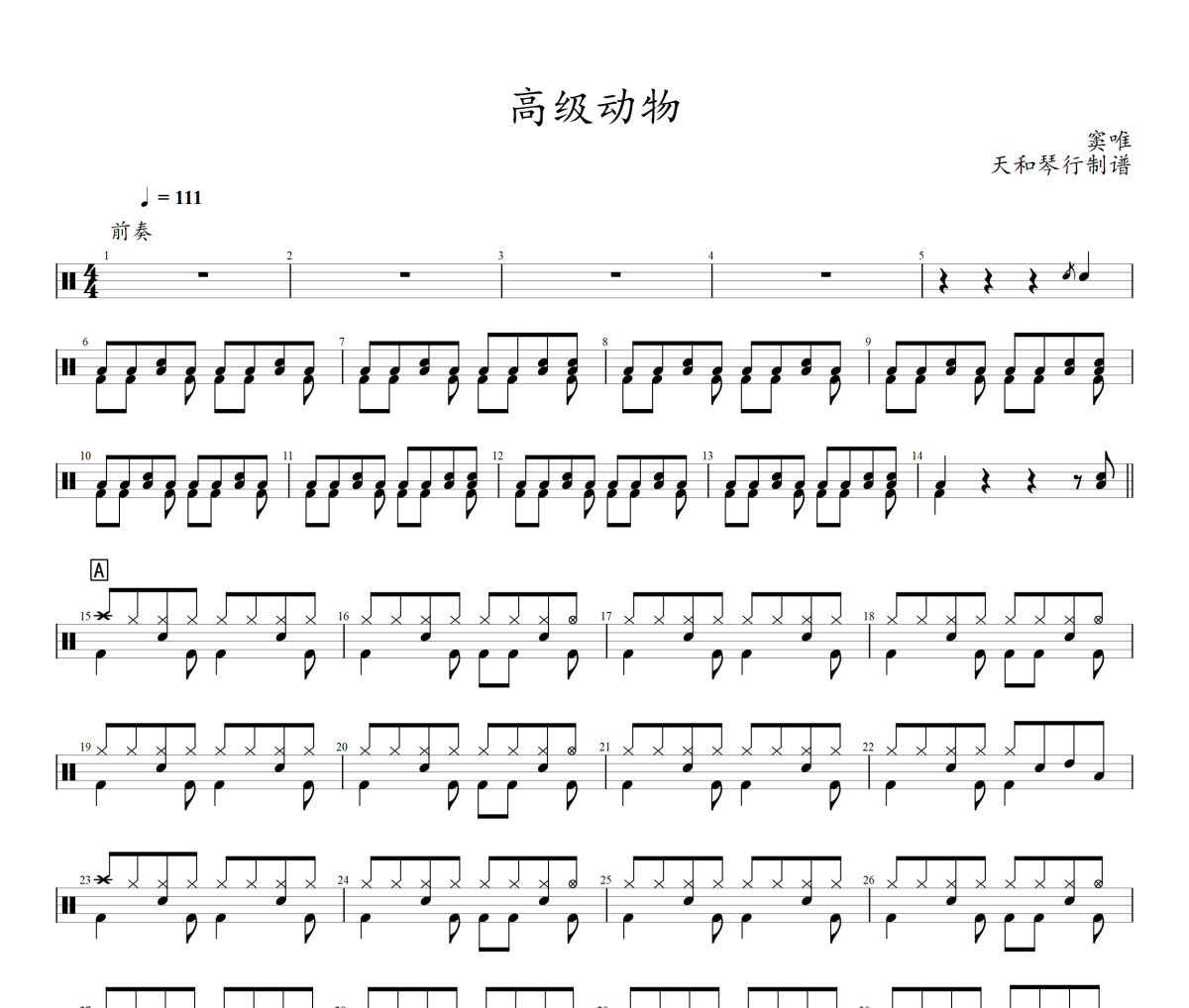 高级动物鼓谱 窦唯《高级动物》架子鼓|爵士鼓|鼓谱+动态视频