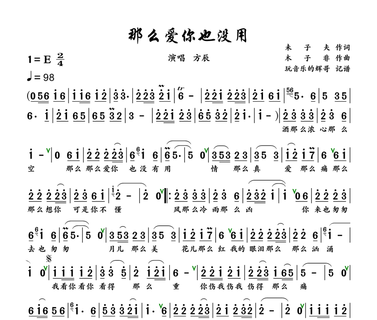 那么爱你也没用简谱 方辰《那么爱你也没用》简谱+动态视频E调