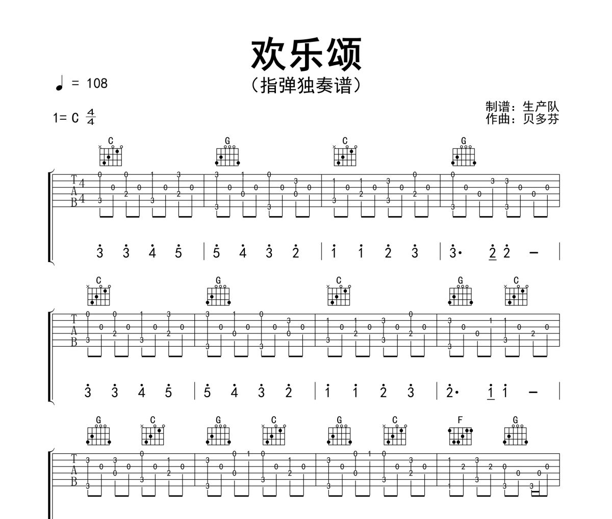 欢乐颂吉他谱 贝多芬《欢乐颂》(指弹独奏谱)六线谱C调吉他谱