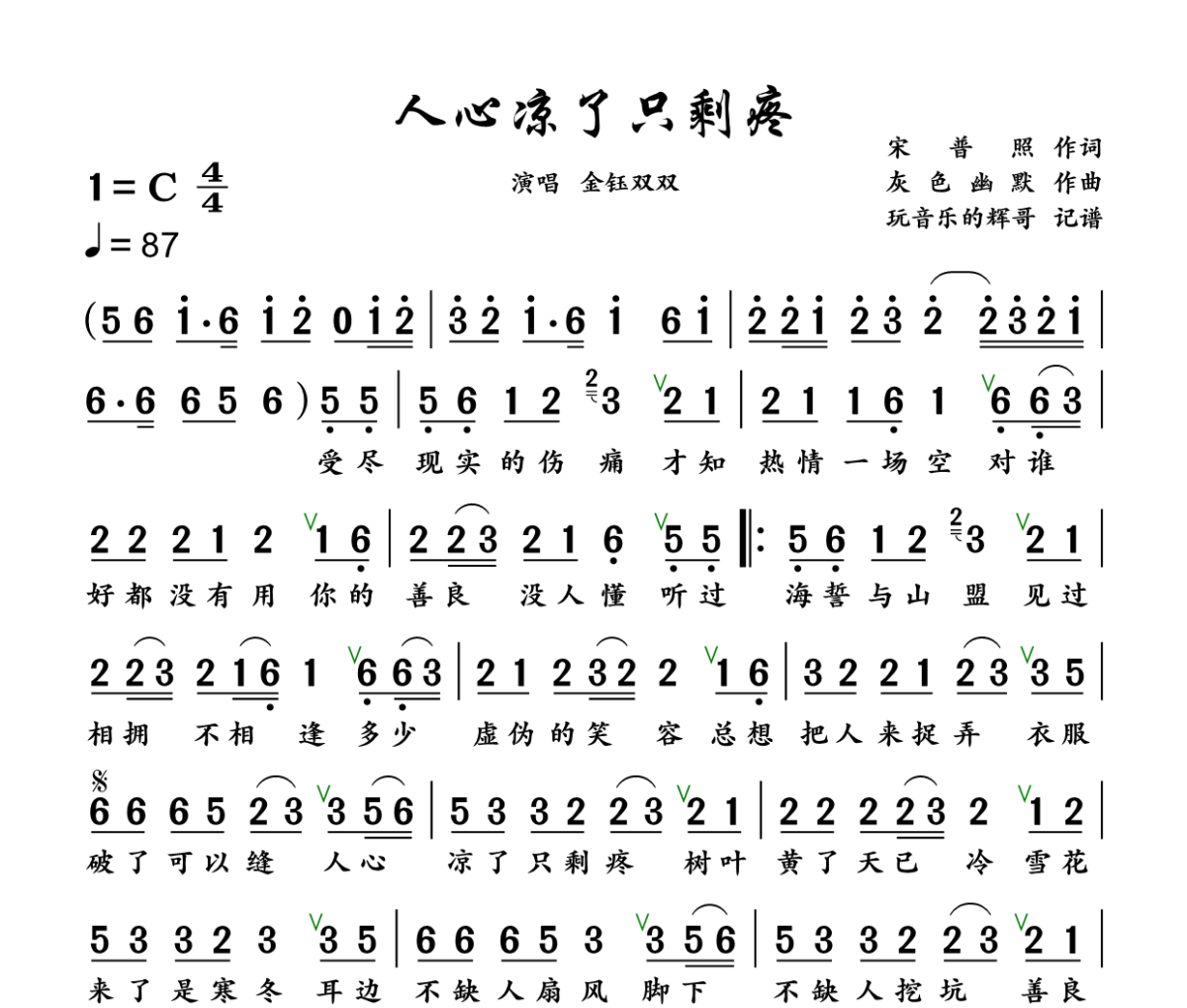 人心凉了只剩疼简谱 金钰双双《人心凉了只剩疼》简谱+动态视频C调