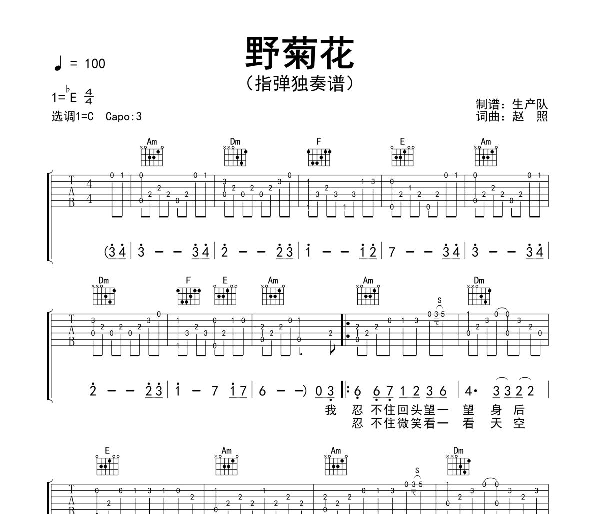 野菊花吉他谱 赵照《野菊花》(指弹独奏谱)六线谱C调吉他谱