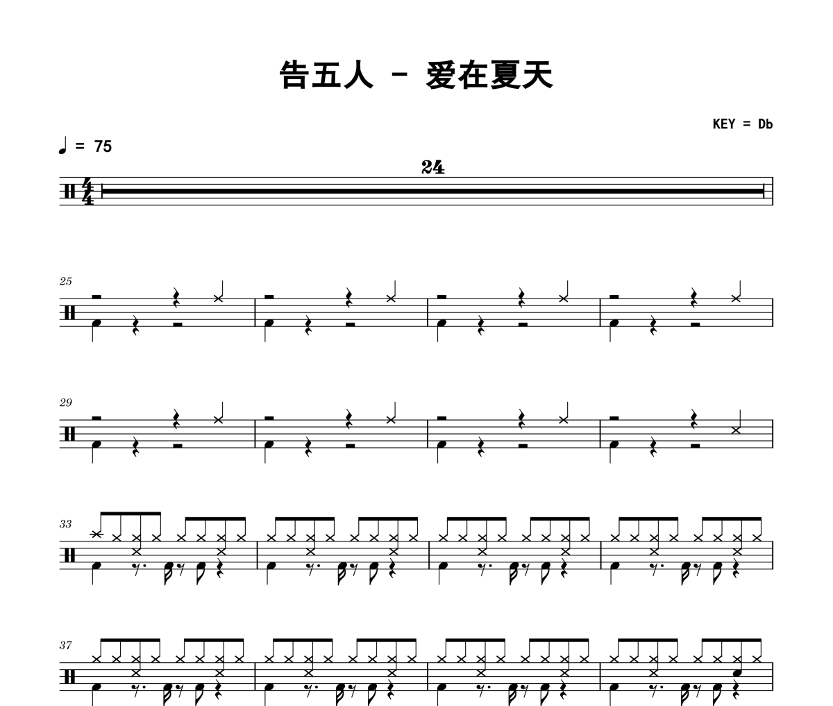 爱在夏天鼓谱 告五人《爱在夏天》架子鼓|爵士鼓|鼓谱+动态鼓谱