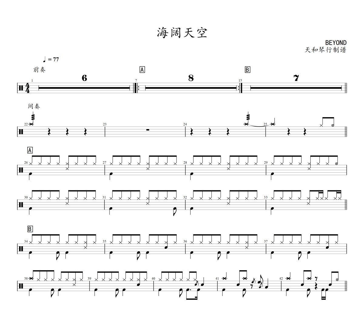 海阔天空鼓谱 BEYOND-海阔天空架子鼓|爵士鼓|鼓谱+动态鼓谱