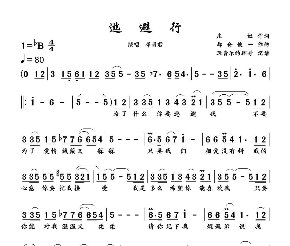 逃避行简谱 邓丽君《逃避行》简谱降B调