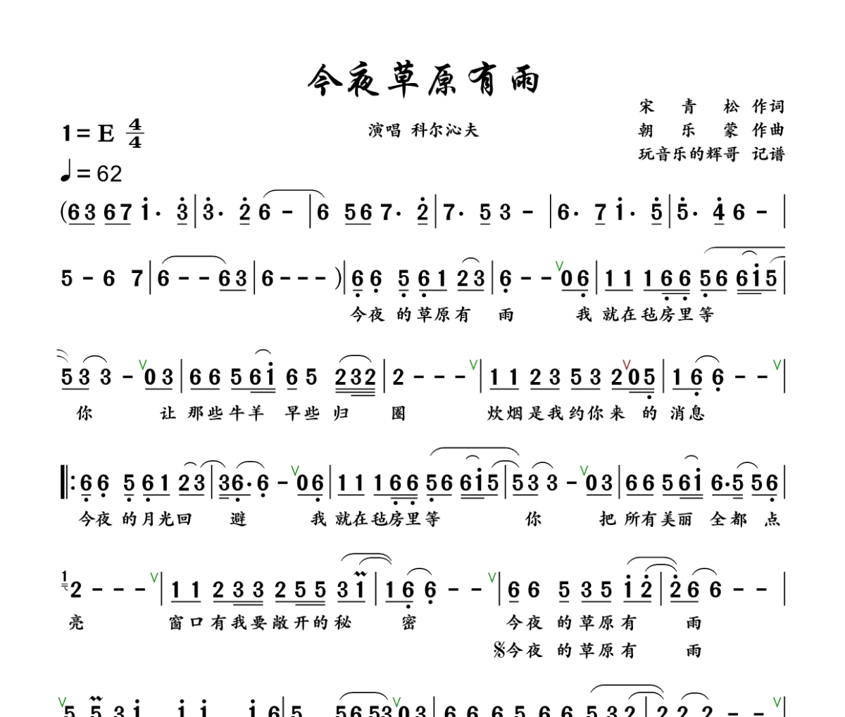 今夜草原有雨简谱 科尔沁夫《今夜草原有雨》简谱+动态视频E调