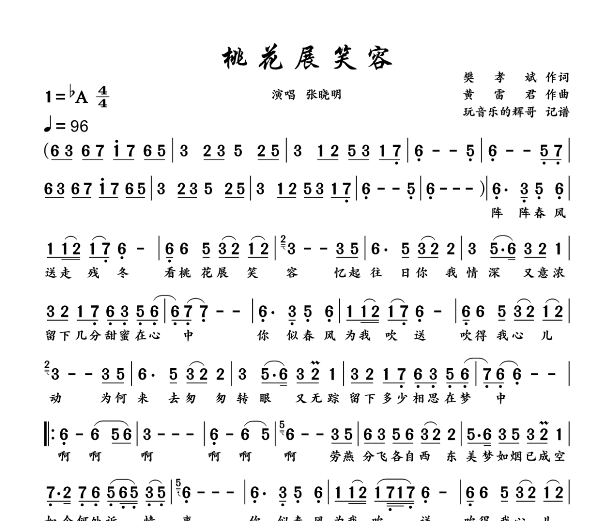 桃花展笑容简谱 张晓明《桃花展笑容》简谱+动态视频 降A调