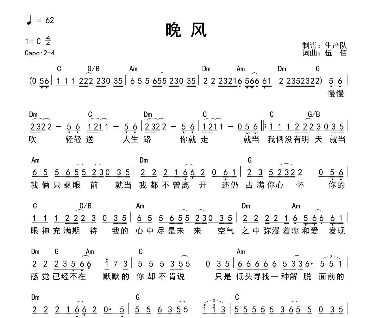 晚风吉他谱 伍佰《晚风》(和弦谱)六线谱C调吉他谱
