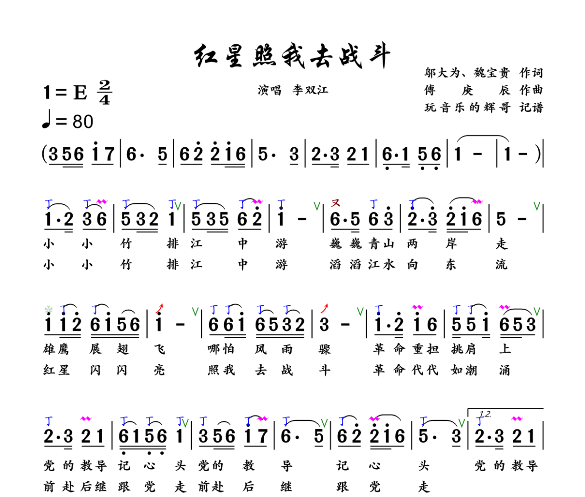 红星照我去战斗简谱 李双江《红星照我去战斗》简谱+动态视频