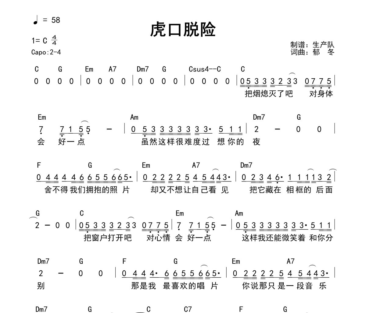 虎口脱险吉他谱 老狼《虎口脱险》(和弦谱)六线谱C调吉他谱