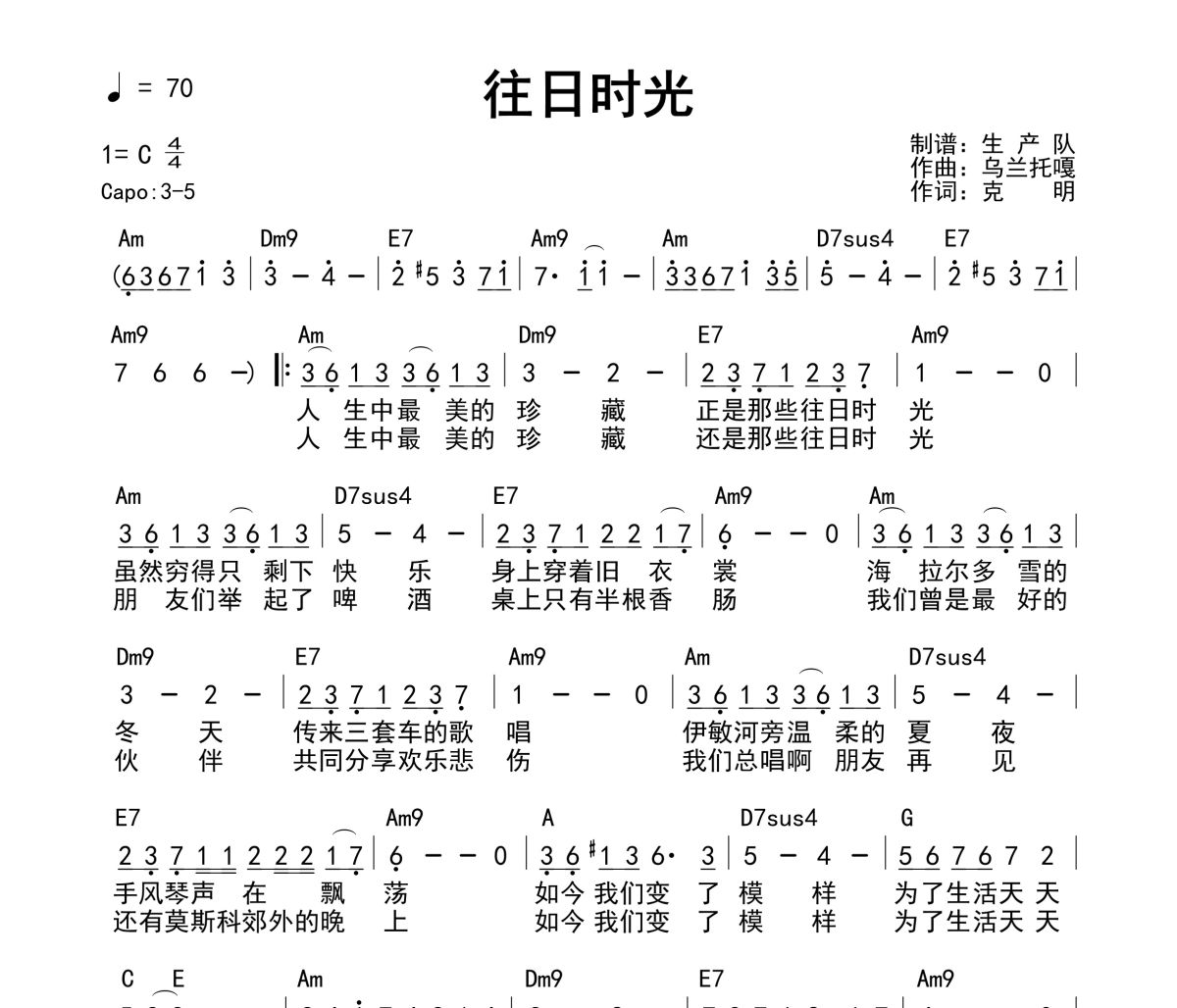 往日时光吉他谱 谭维维《往日时光》(和弦谱)六线谱C调吉他谱