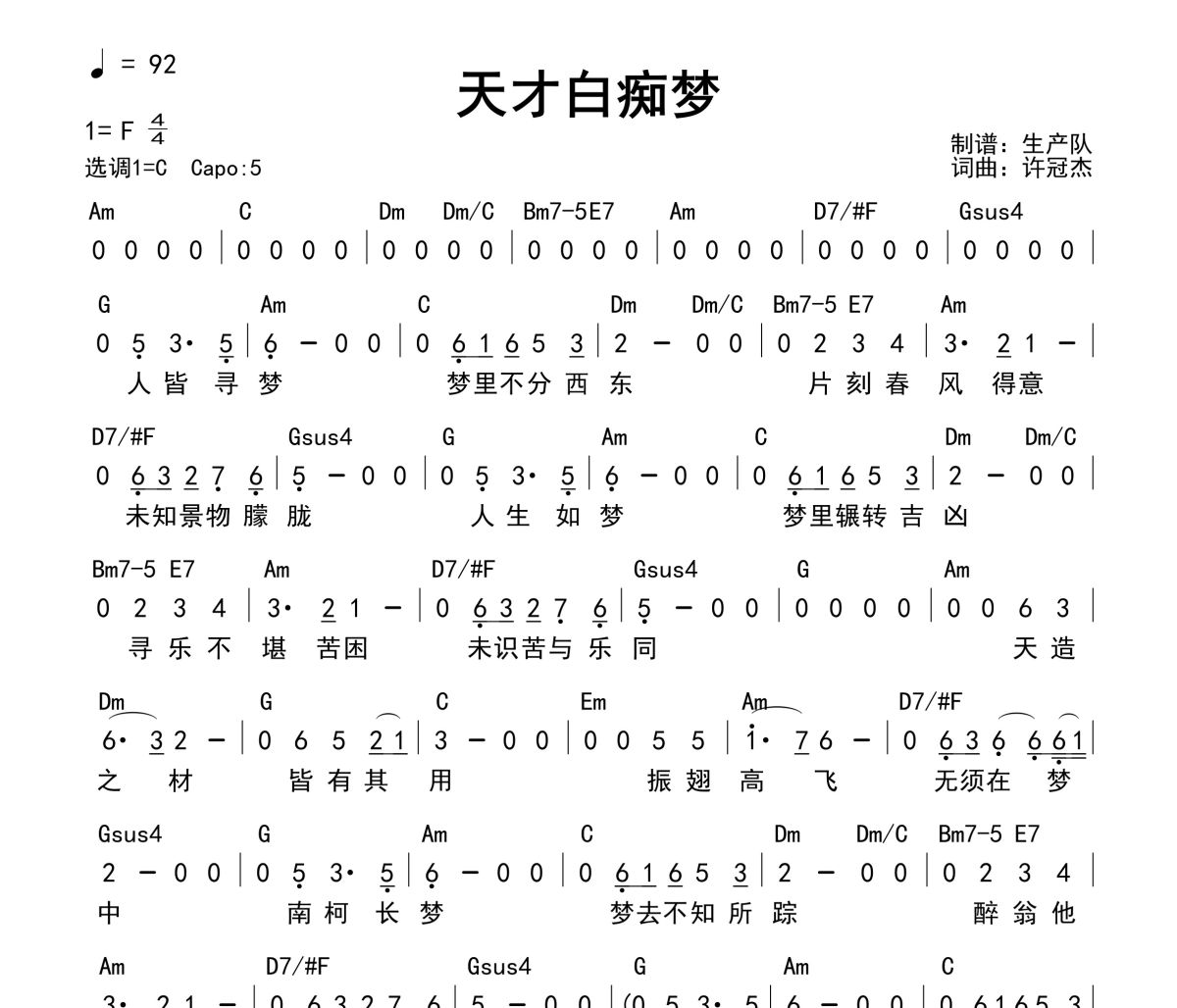 天才白痴梦吉他谱 许冠杰《天才白痴梦》(和弦谱)六线谱C调吉他谱