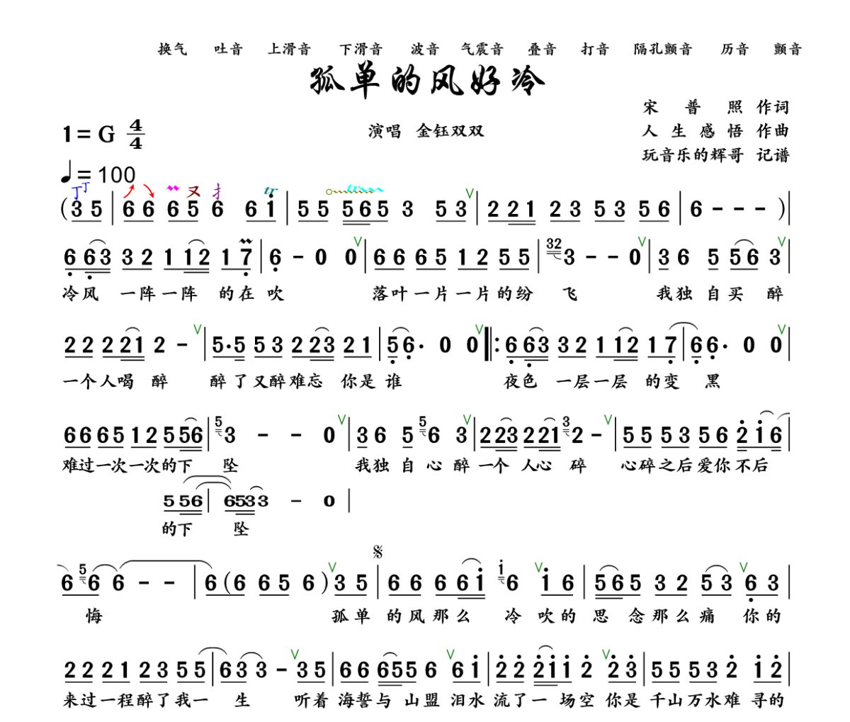 孤单的风好冷简谱 金钰双双《孤单的风好冷》简谱+动态视频G调