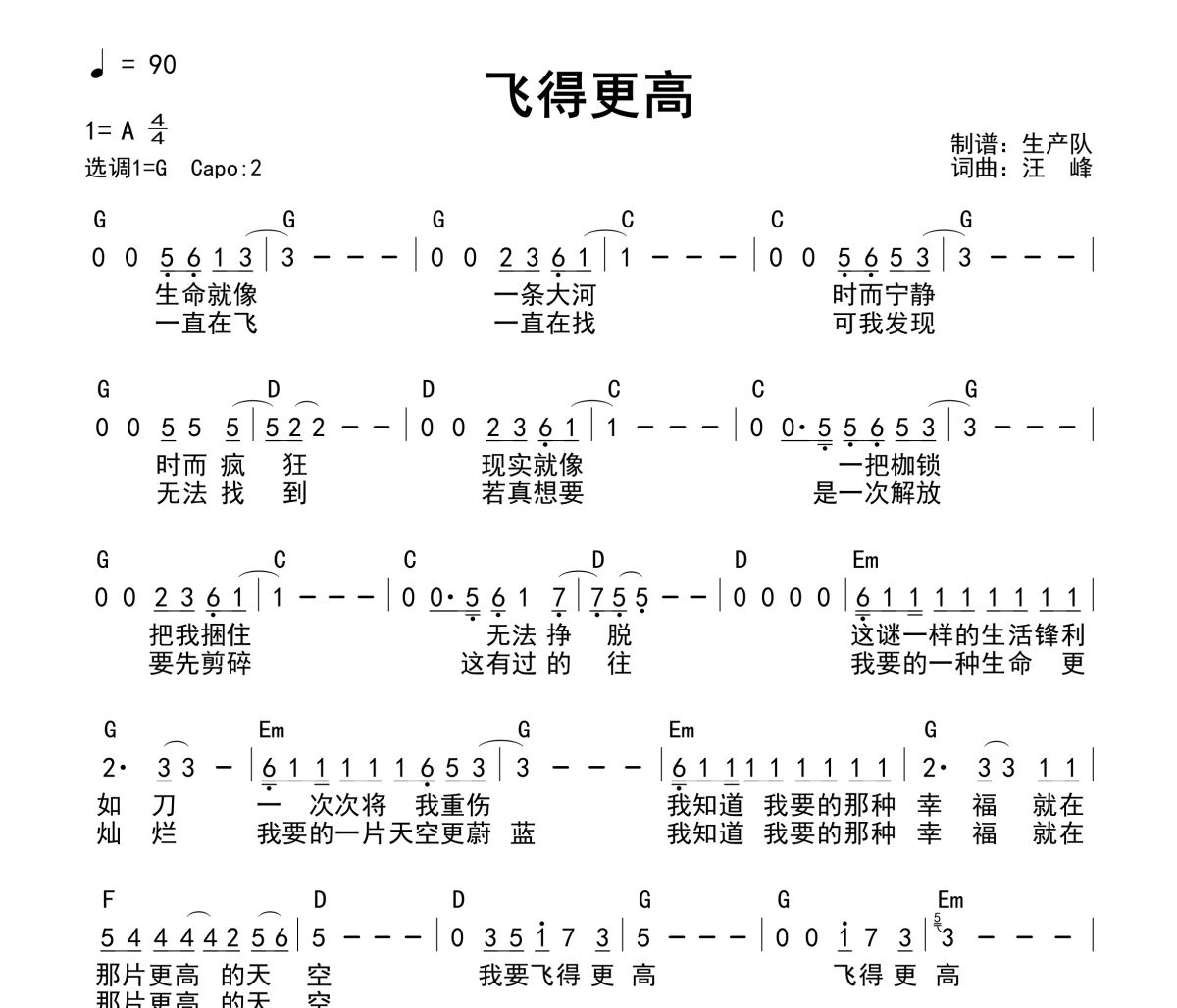 飞得更高吉他谱 汪峰《飞得更高》(和弦谱)六线谱G调吉他谱