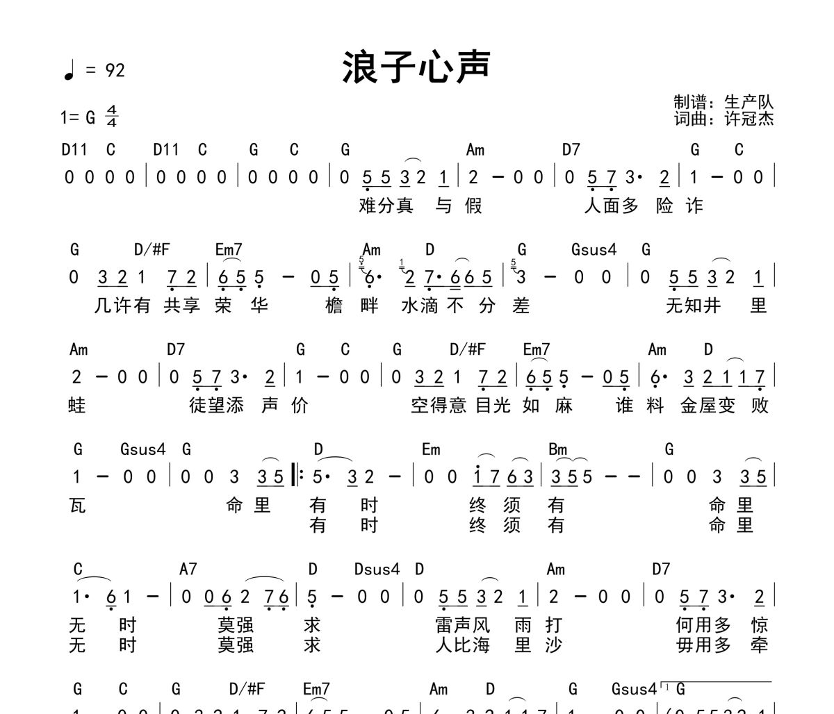 浪子心声吉他谱 许冠杰《浪子心声》(和弦谱)六线谱G调吉他谱