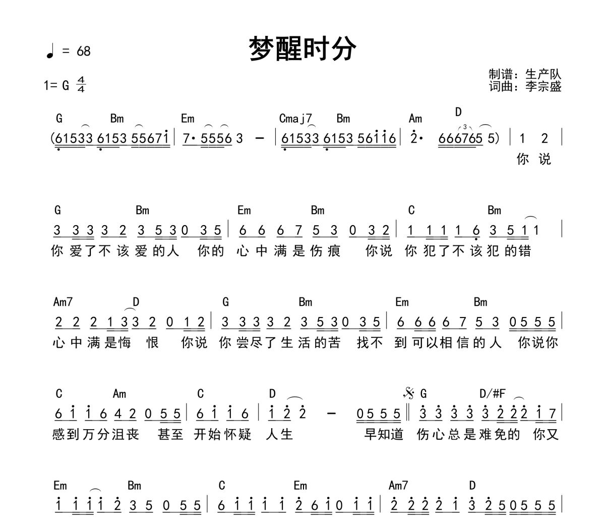 梦醒时分吉他谱 陈淑桦《梦醒时分》(和弦谱)六线谱G调吉他谱