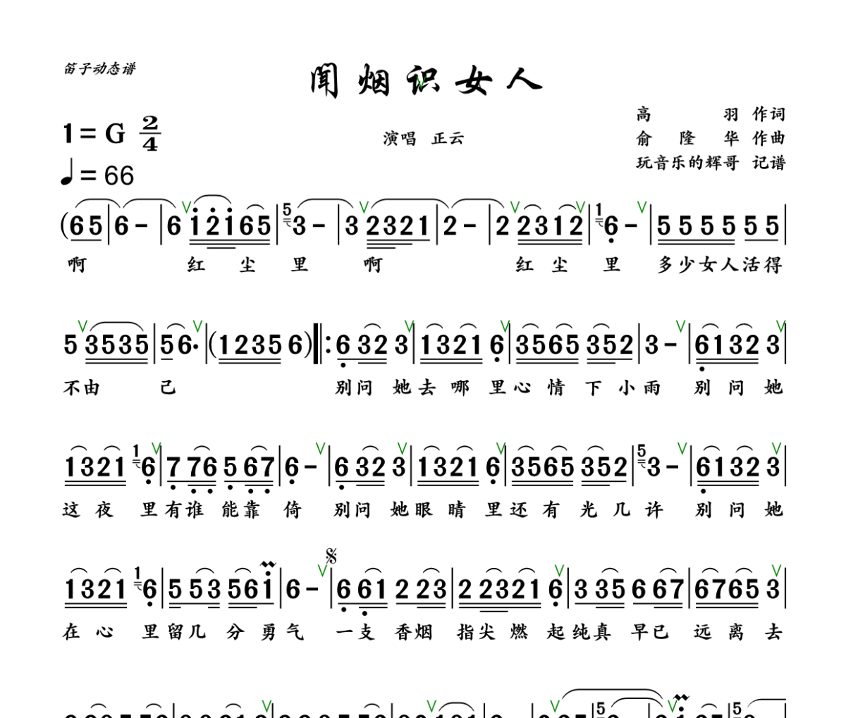 闻烟识女人简谱 正云《闻烟识女人》简谱+动态视频G调