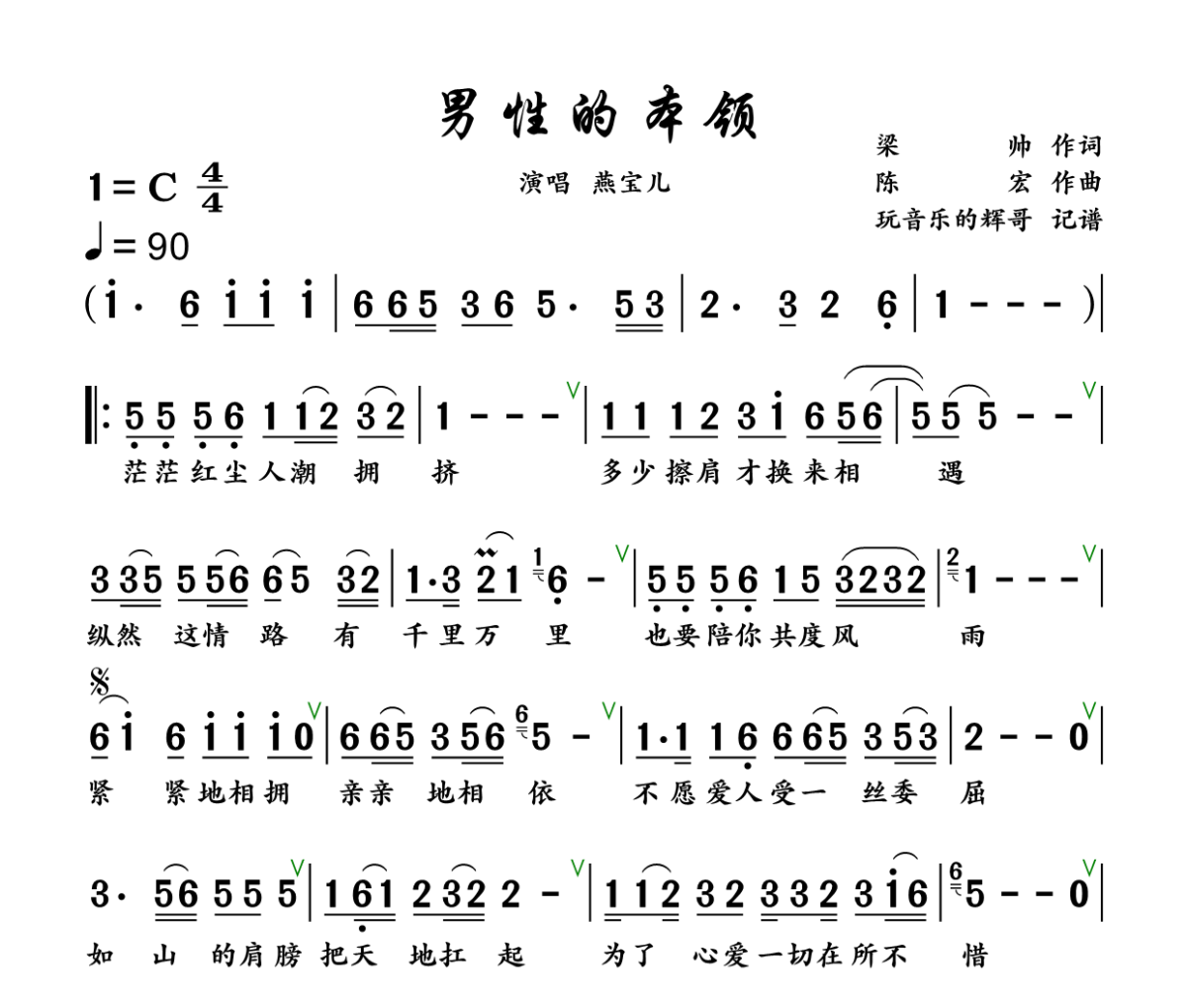 男性的本领简谱 燕宝儿《男性的本领》简谱+动态视频C调