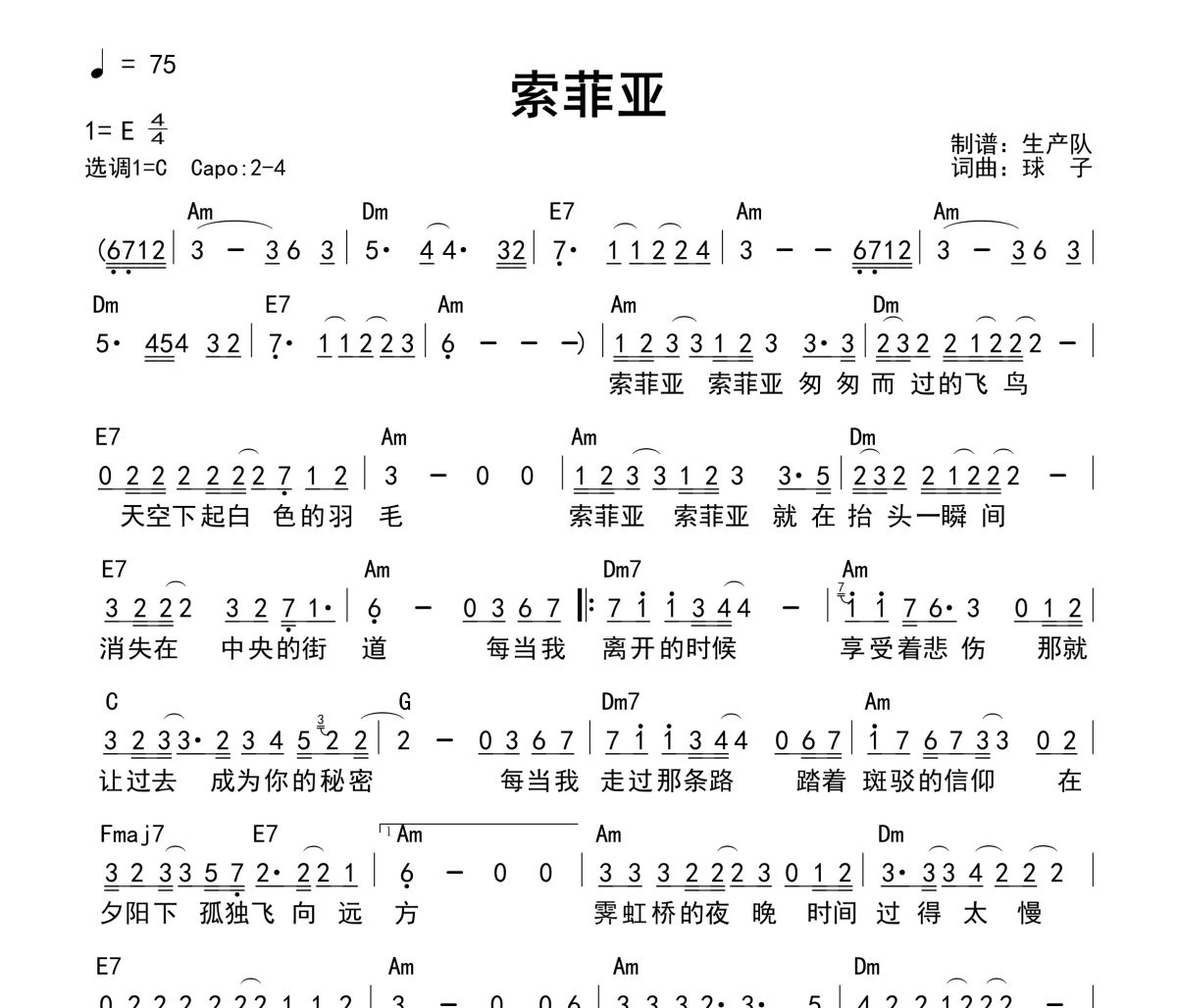 索菲亚吉他谱 丢火车乐队《索菲亚》(和弦谱)六线谱C调吉他谱