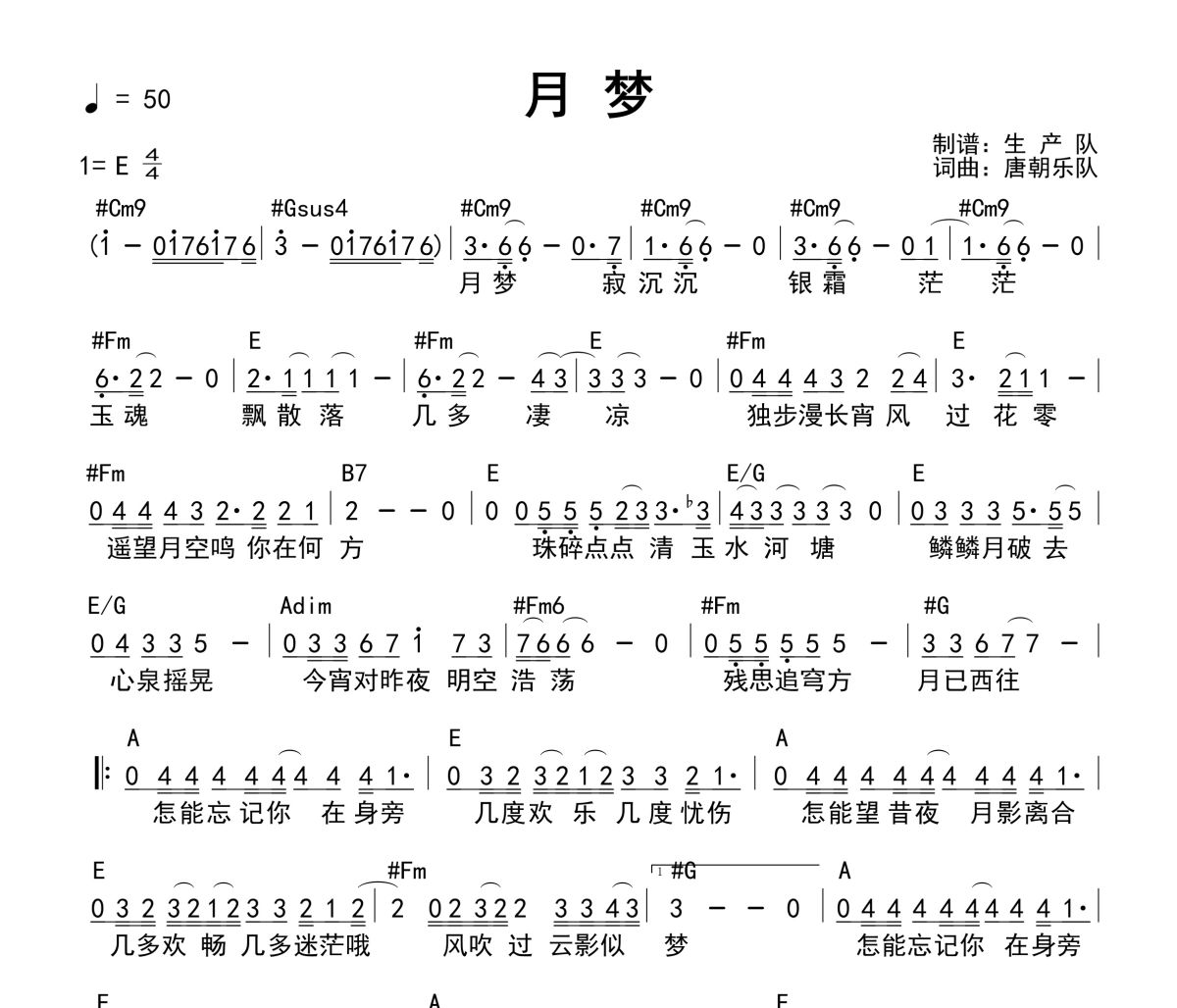 月梦吉他谱 唐朝乐队《月梦》(和弦谱)六线谱E调吉他谱