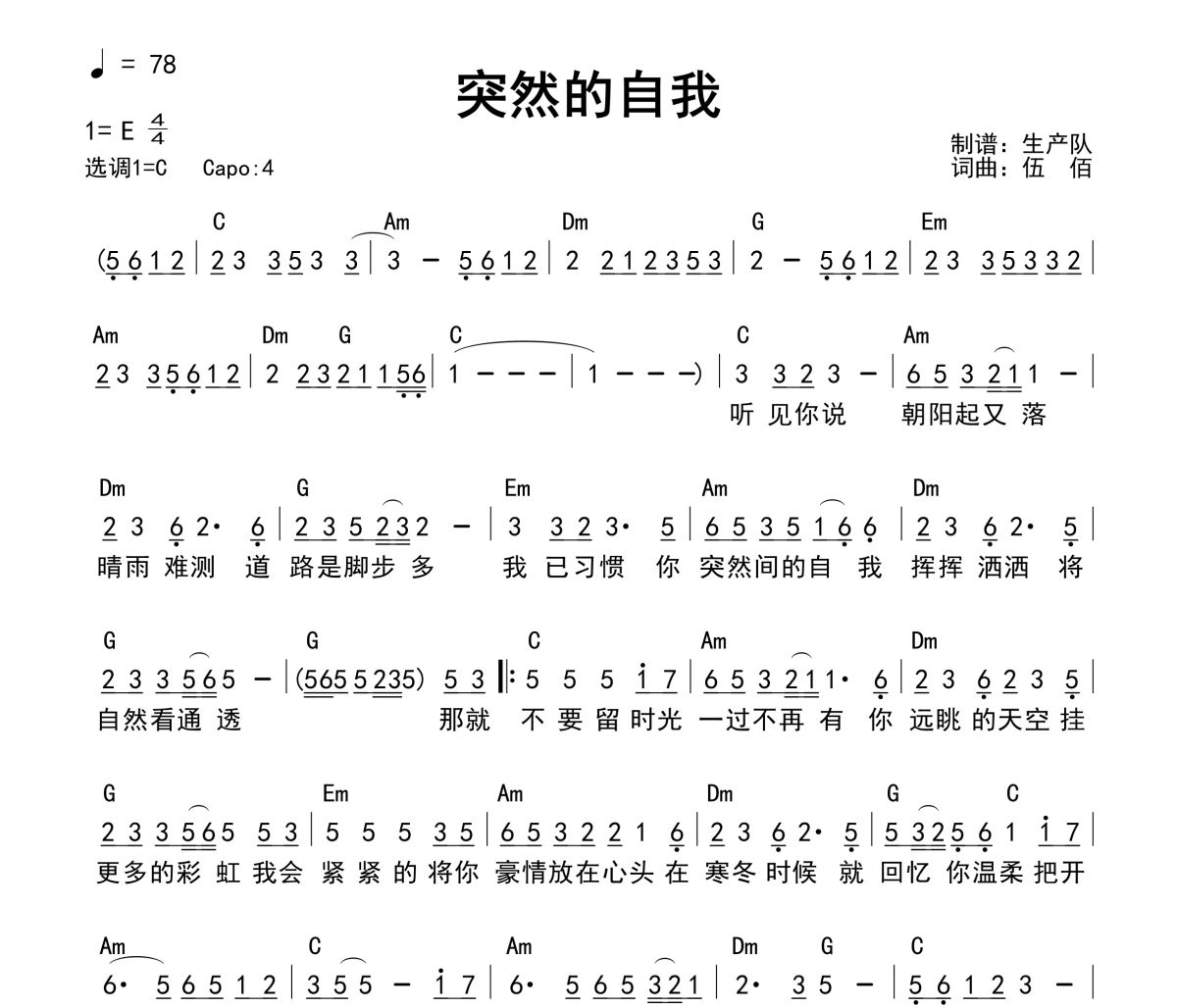 突然的自我吉他谱 伍佰《突然的自我》(和弦谱)六线谱C调吉他谱