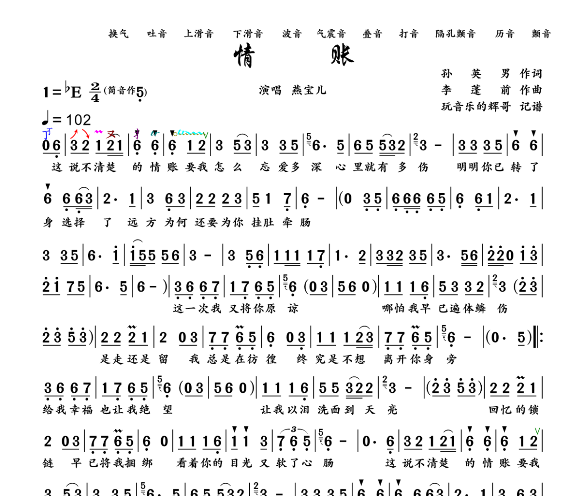 情账简谱 燕宝儿《情账》简谱降E调