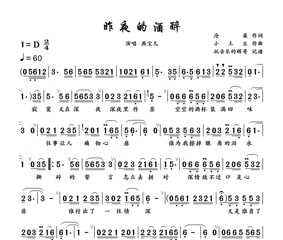 昨夜的酒醉简谱 燕宝儿《昨夜的酒醉》简谱+动态视频D调