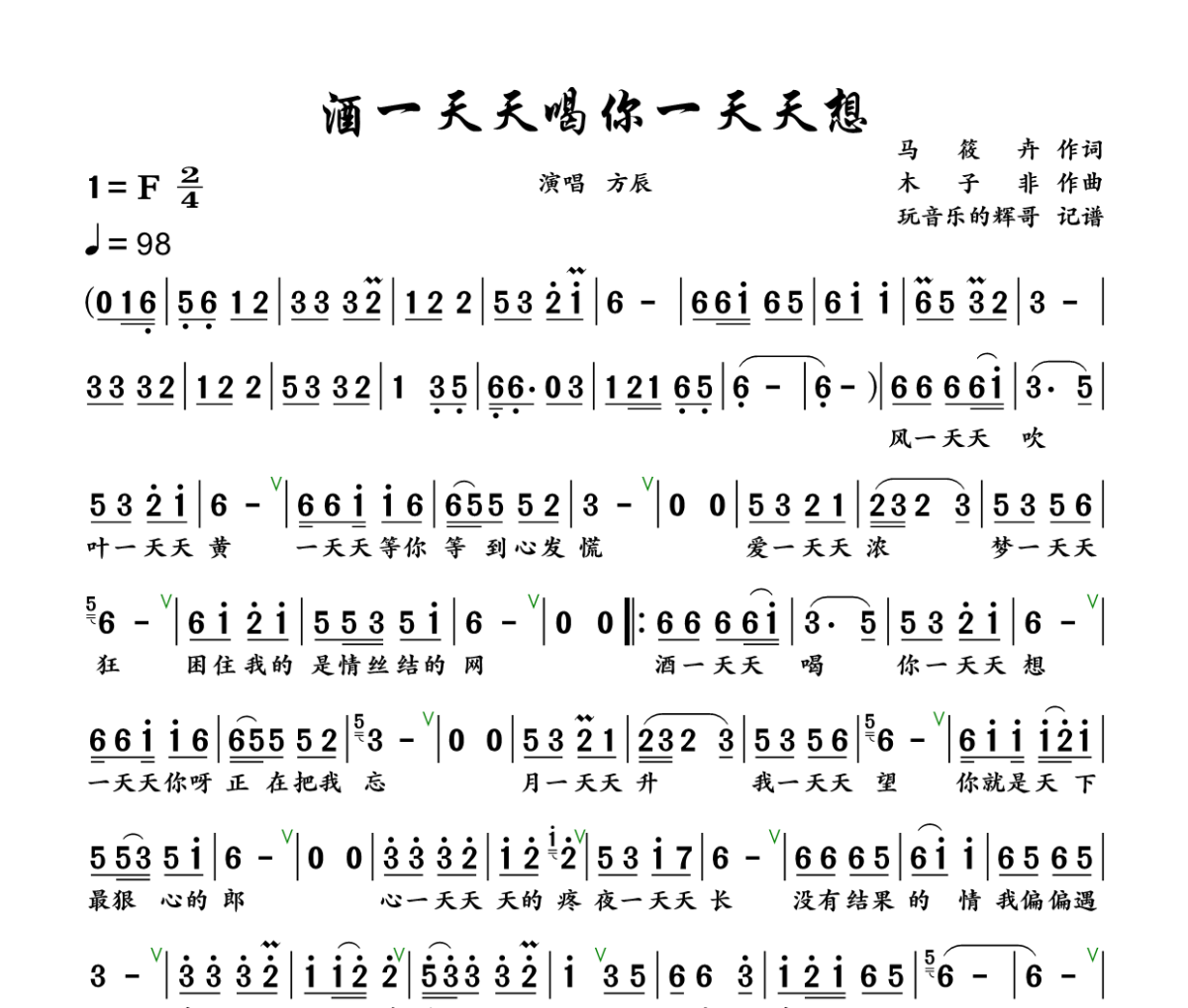 酒一天天喝你一天天想简谱 方辰《酒一天天喝你一天天想》简谱+动态视频F调