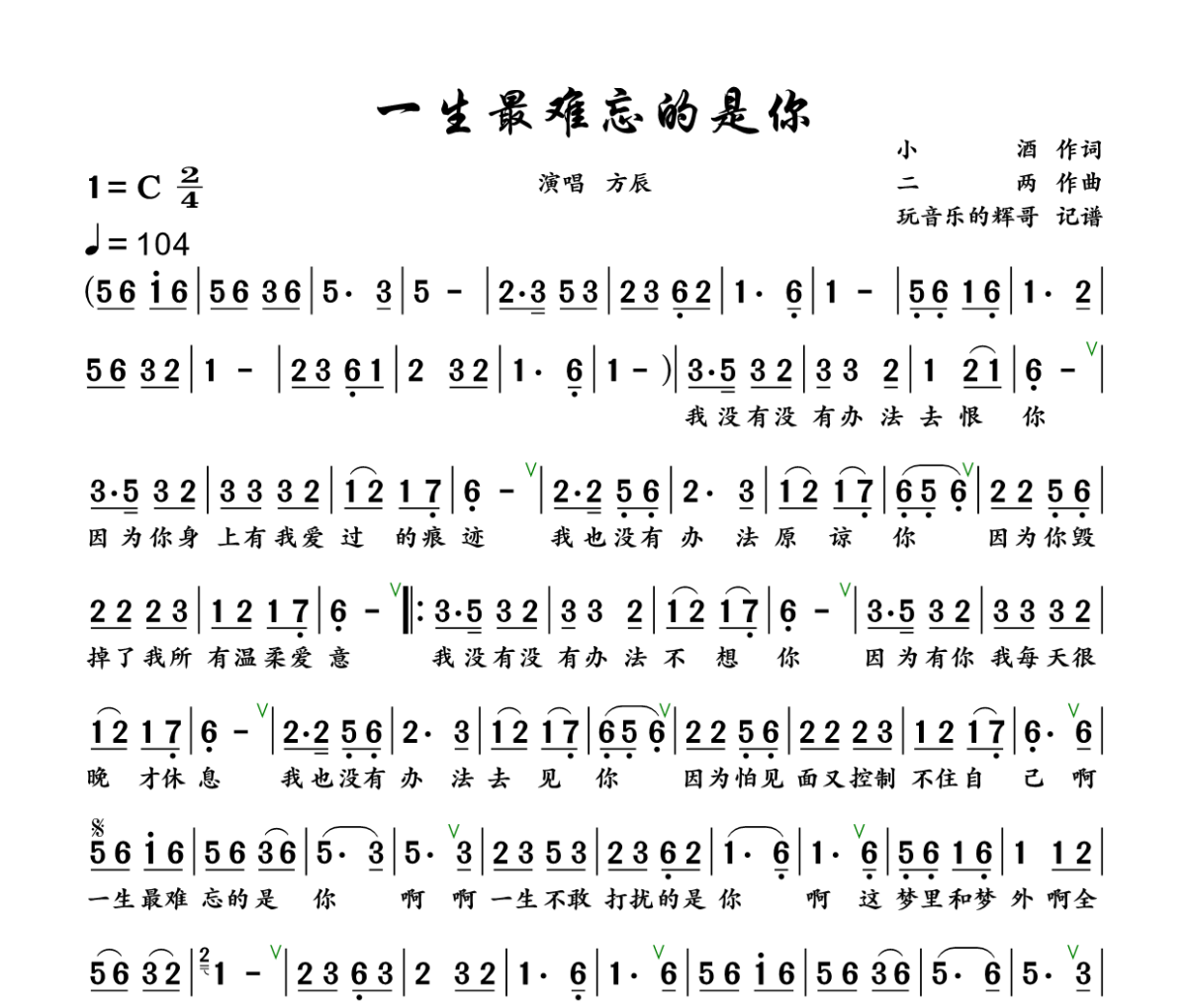 一生最难忘的是你简谱 方辰《一生最难忘的是你 》简谱+动态视频C调