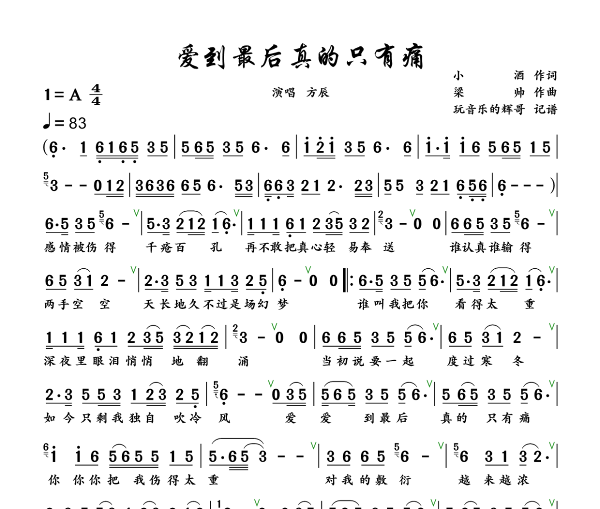 爱到最后真的只有痛简谱 方辰《爱到最后真的只有痛》简谱+动态视频A调