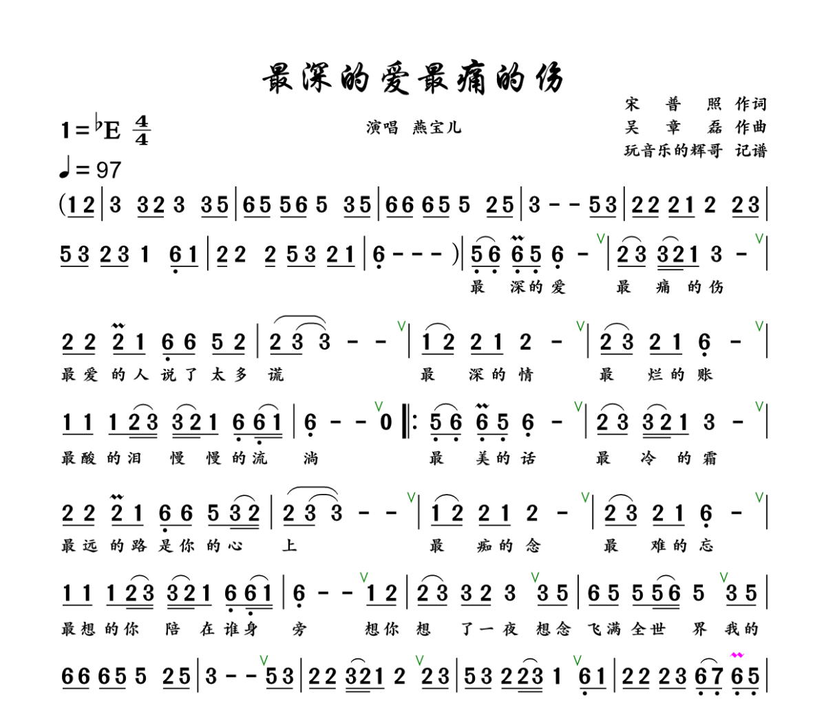 最深的爱最痛的伤简谱 燕宝儿《最深的爱最痛的伤》简谱+动态视频降E调
