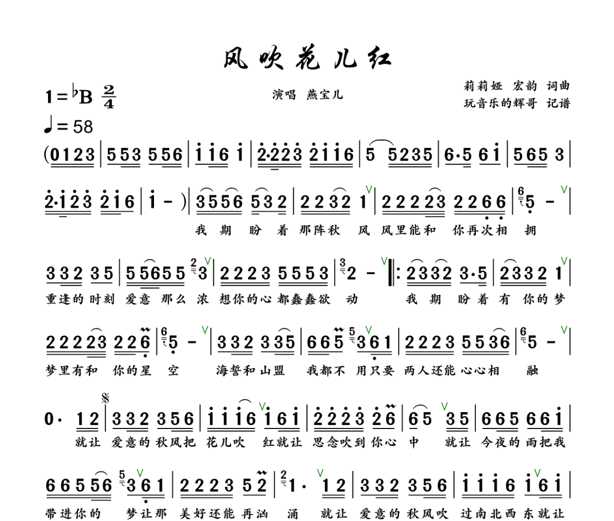 风吹花儿红简谱 燕宝儿《风吹花儿红》简谱+动态视频 降B调