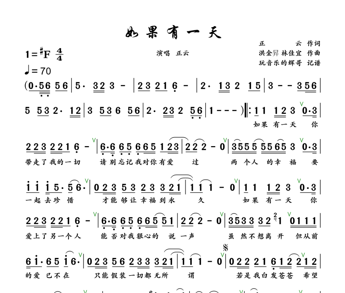 如果有一天简谱 正云《如果有一天》简谱+动态视频 升F调