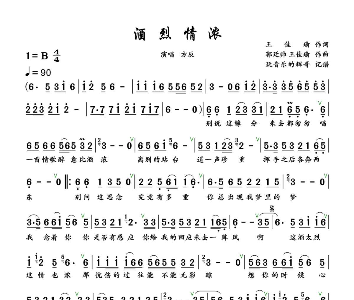 酒烈情浓简谱 方辰《酒烈情浓》简谱+动态视频 B调