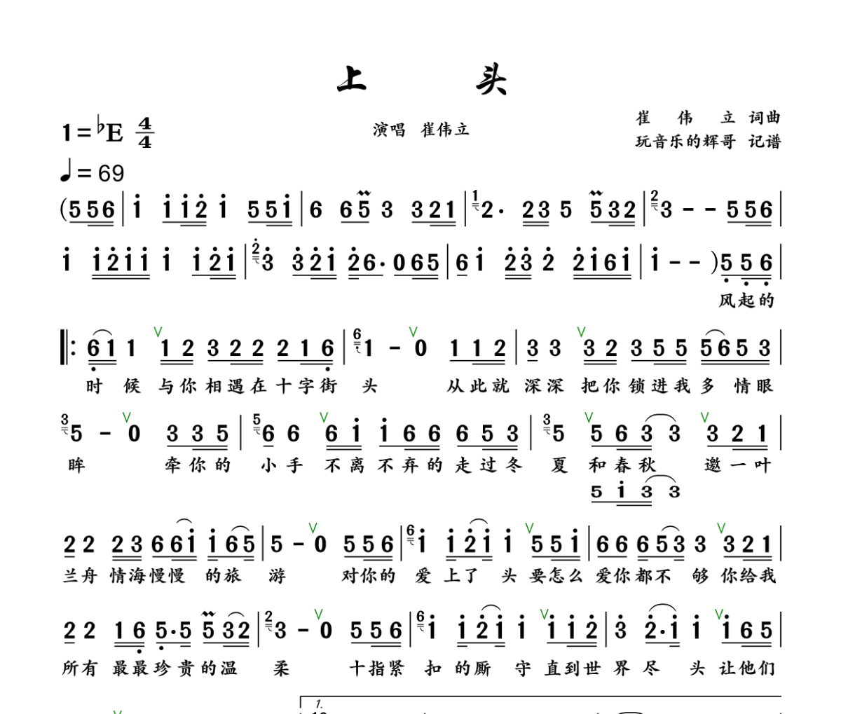 上头简谱 崔伟立《上头》简谱+动态视频 降E调
