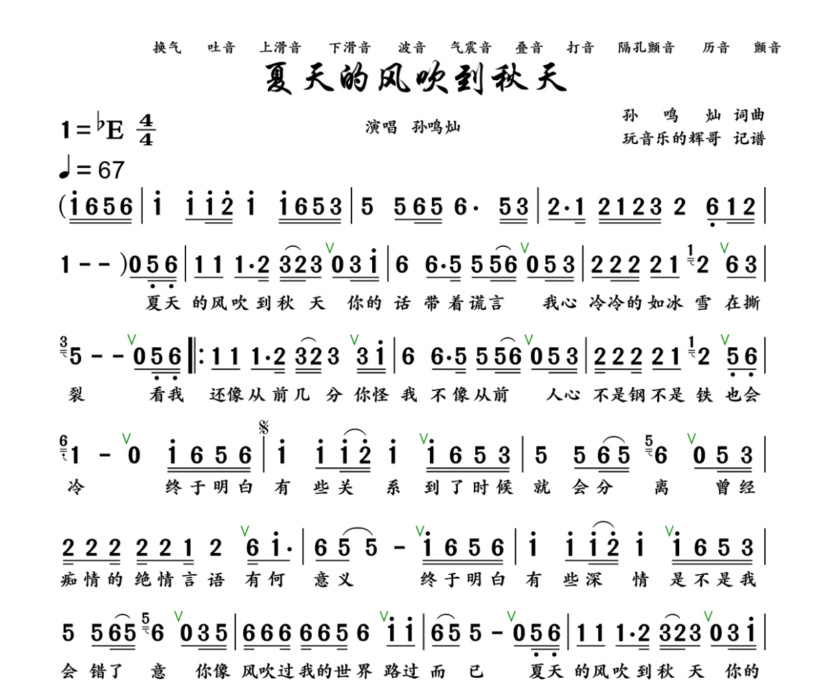 夏天的风吹到秋天简谱 孙鸣灿《夏天的风吹到秋天》简谱+动态视频降E调