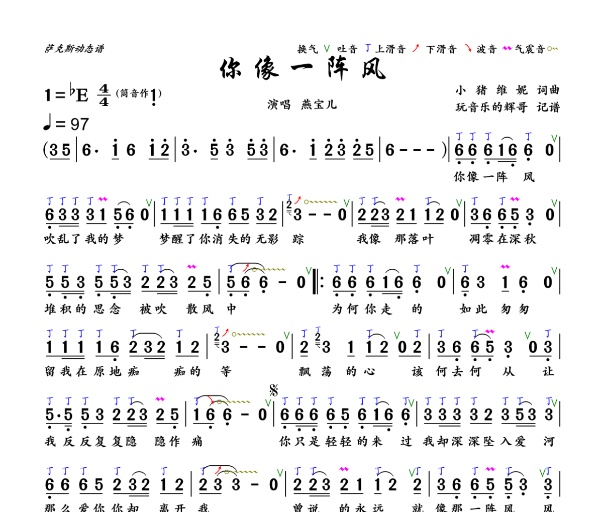 你像一阵风简谱 燕宝儿《你像一阵风》简谱+动态视频降E调
