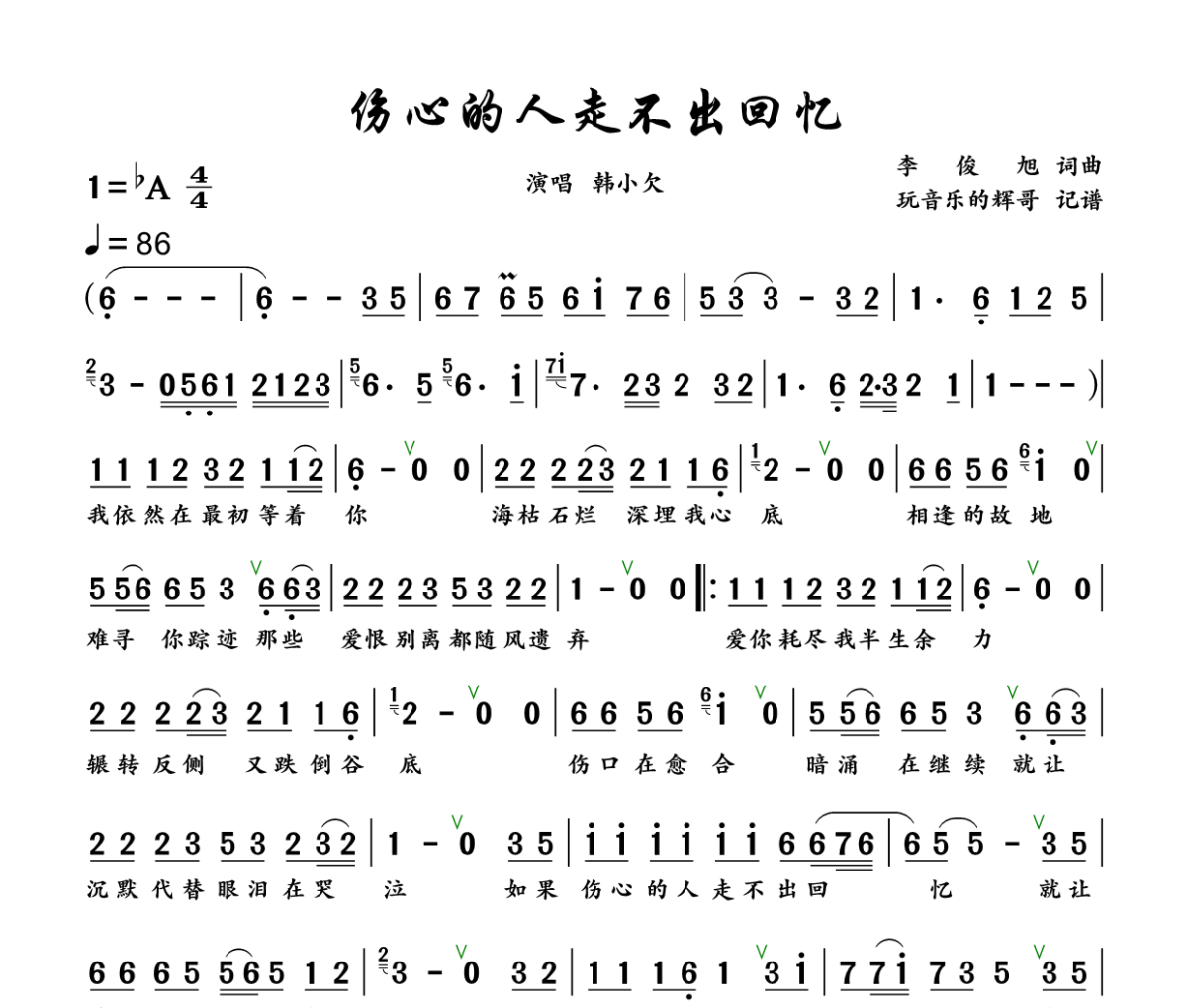 伤心的人走不出回忆简谱 韩小欠《伤心的人走不出回忆》简谱+动态视频降A调