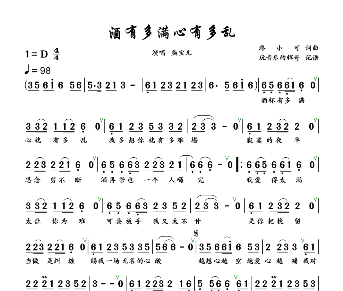 酒有多满心有多乱简谱 燕宝儿《酒有多满心有多乱》简谱+动态视频D调