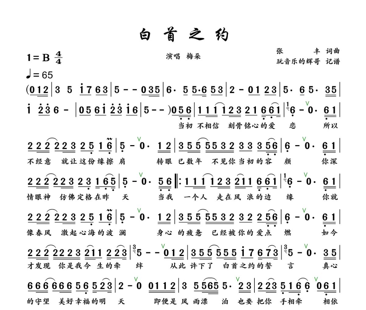 白首之约简谱 梅朵《白首之约》简谱+动态视频B调