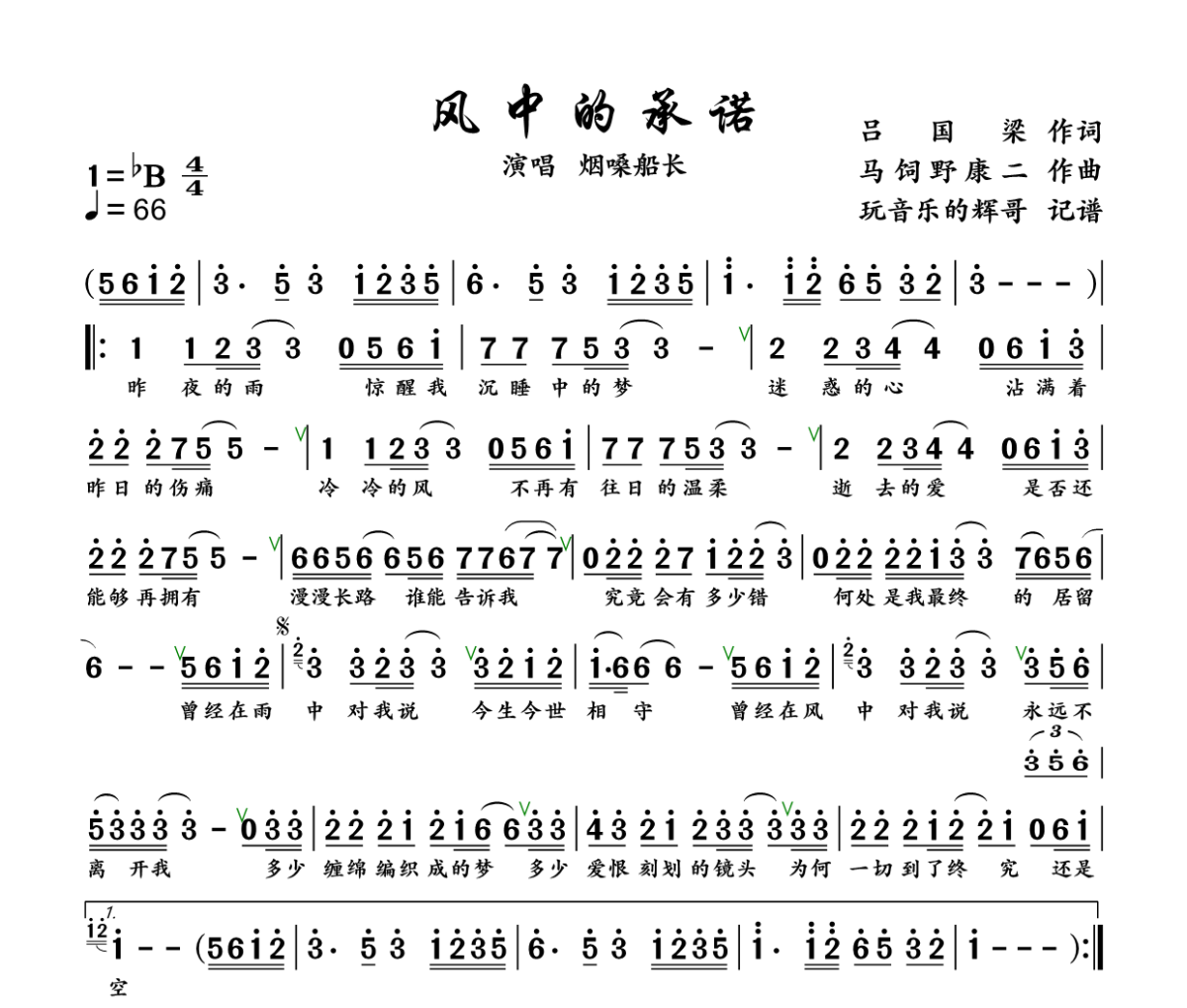 风中的承诺简谱 烟嗓船长-风中的承诺简谱+动态视频降B调