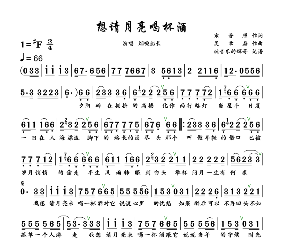 想请月亮喝杯酒简谱 烟嗓船长《想请月亮喝杯酒》简谱+动态视频升F调