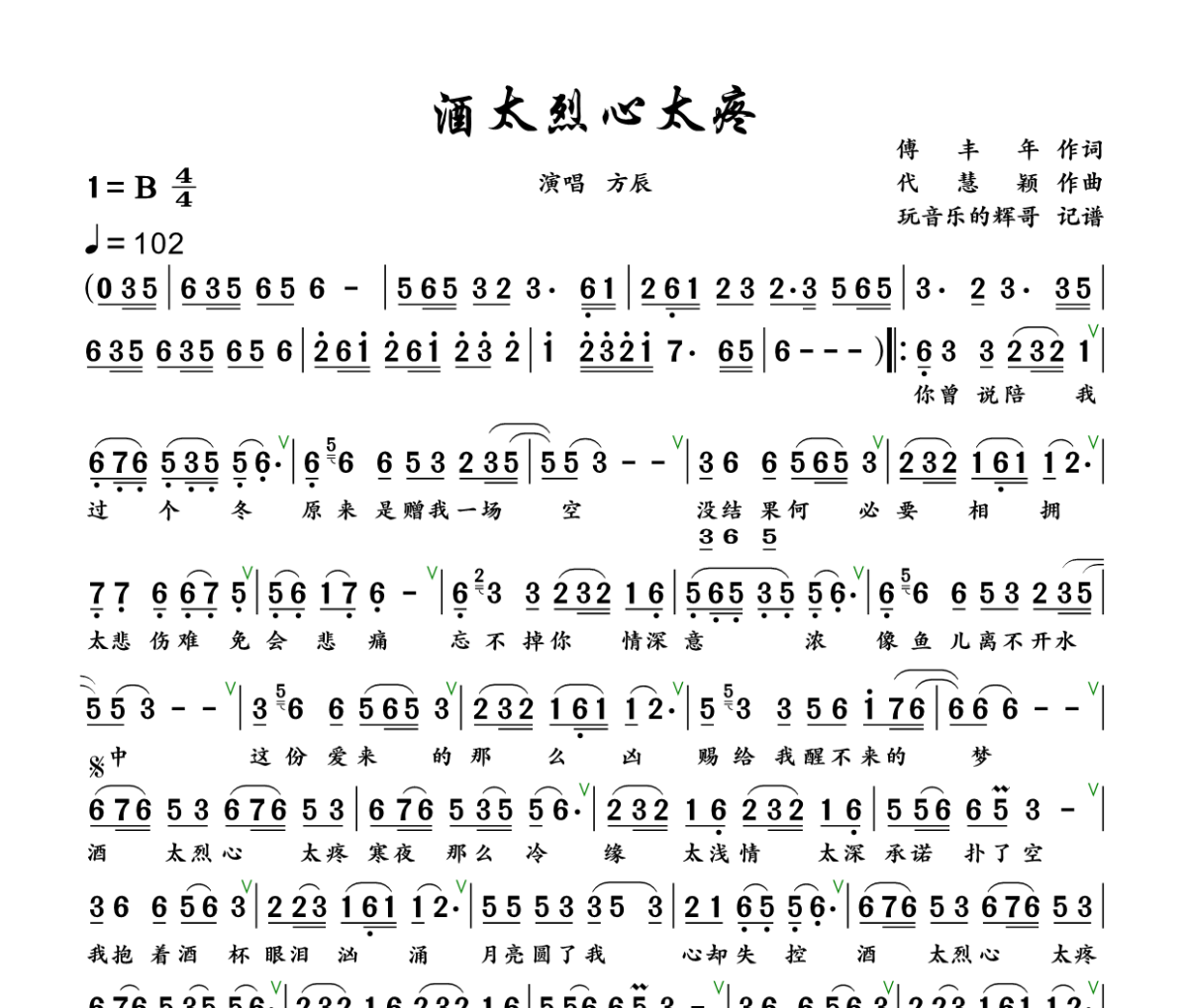 酒太烈心太疼简谱 方辰《酒太烈心太疼》简谱+动态视频B调
