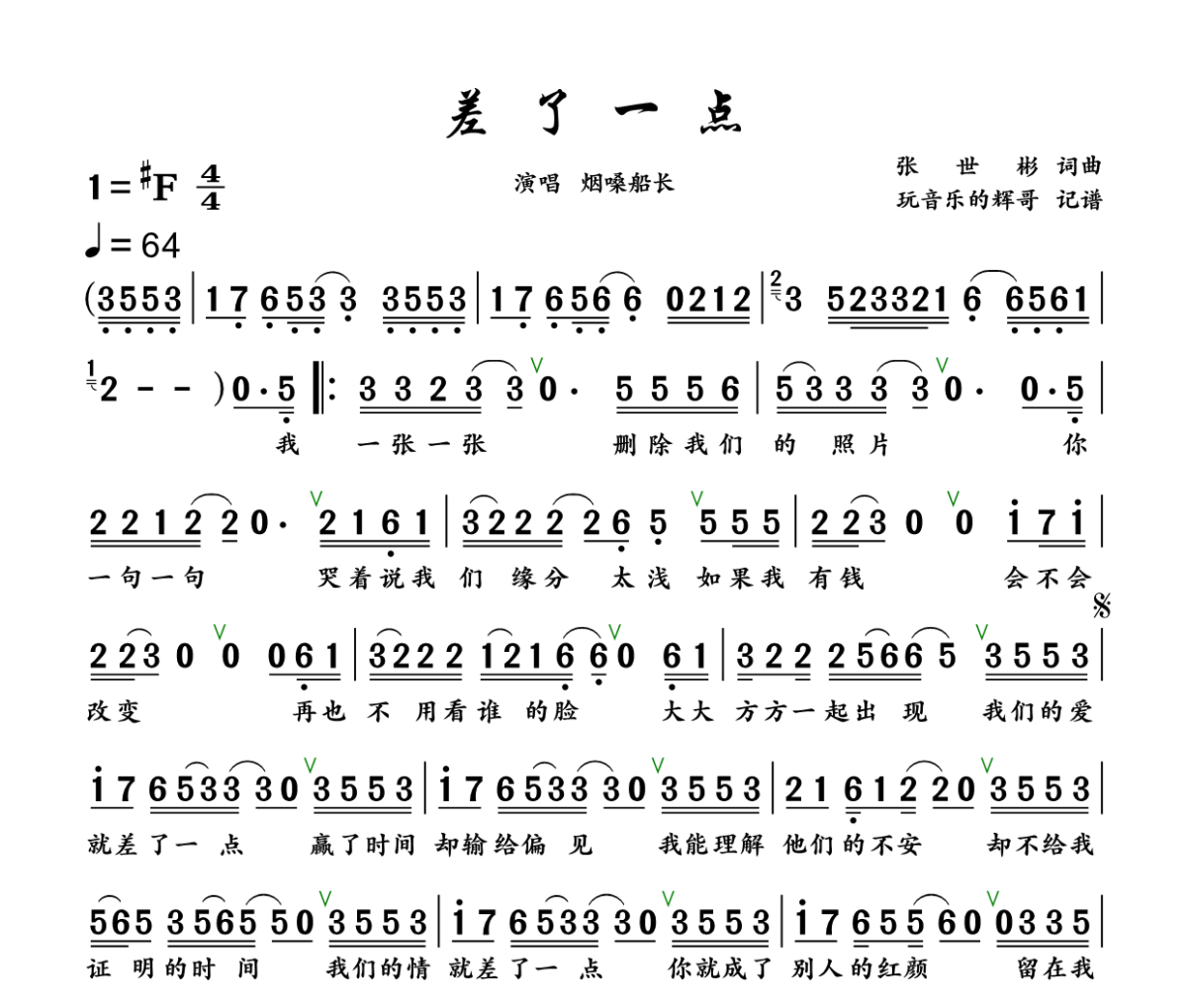 差了一点简谱 烟嗓船长《 差了一点》简谱+动态视频升F调