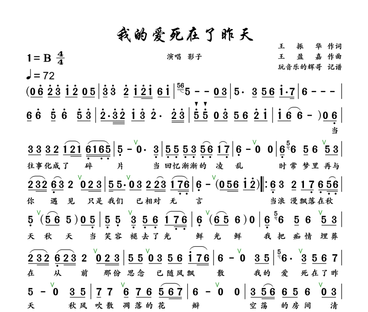 我的爱死在了昨天简谱 影子《我的爱死在了昨天》简谱+动态视频B调