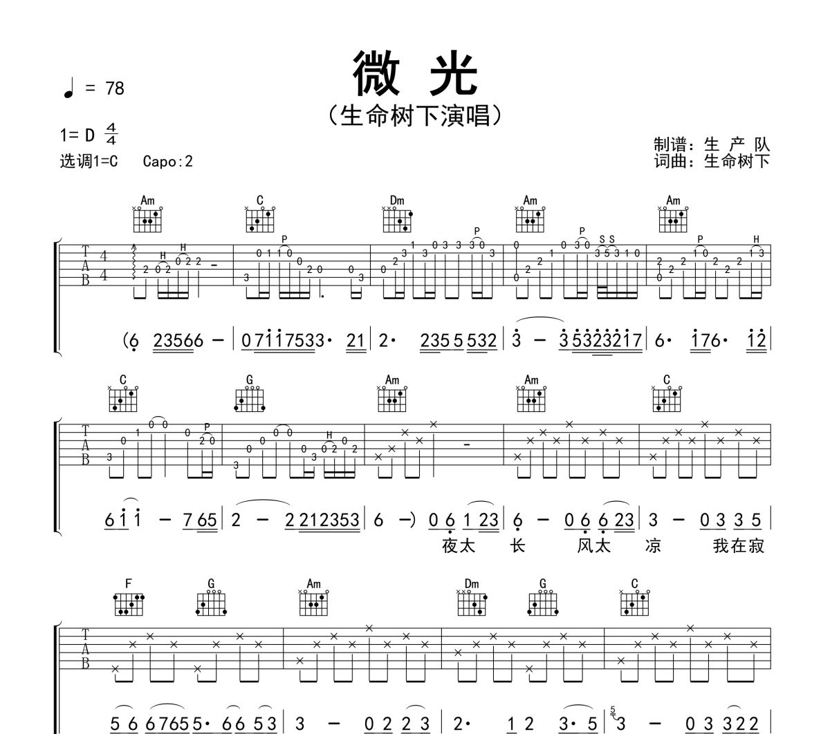 微光吉他谱 生命树下《微光》六线谱C调吉他谱