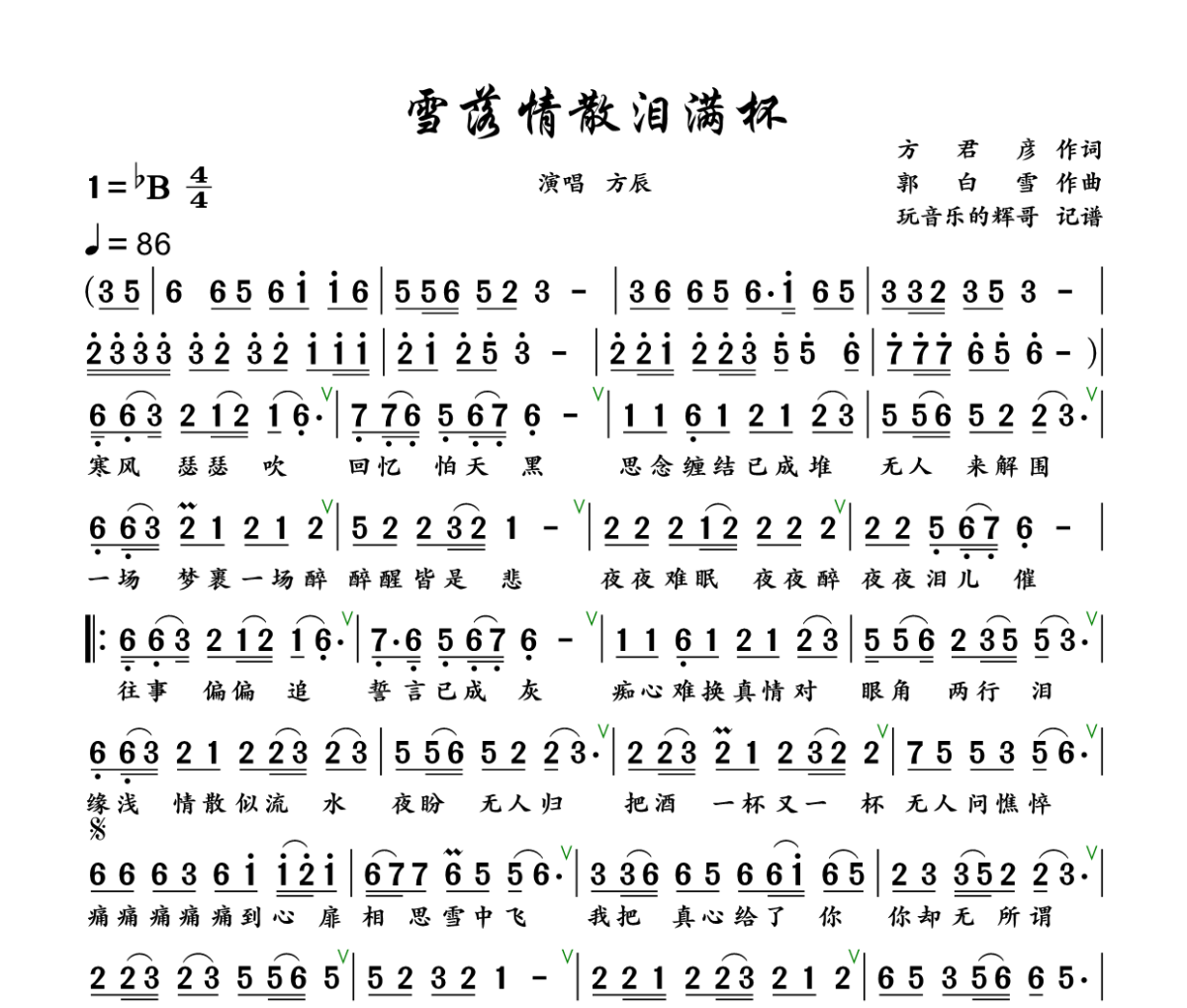 雪落情散泪满杯简谱 方辰《雪落情散泪满杯》简谱+动态视频降B调