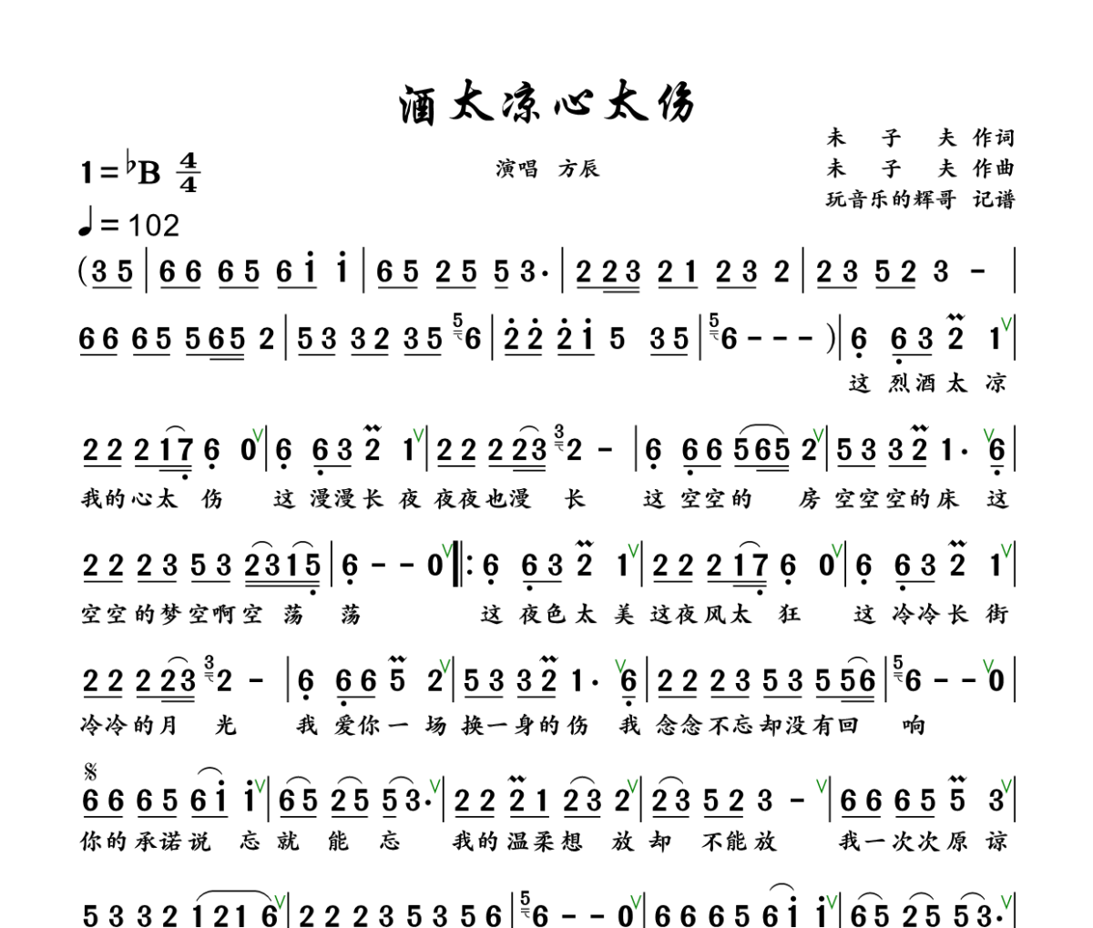 酒太凉 心太伤简谱 方辰《酒太凉 心太伤》简谱+动态视频降B调