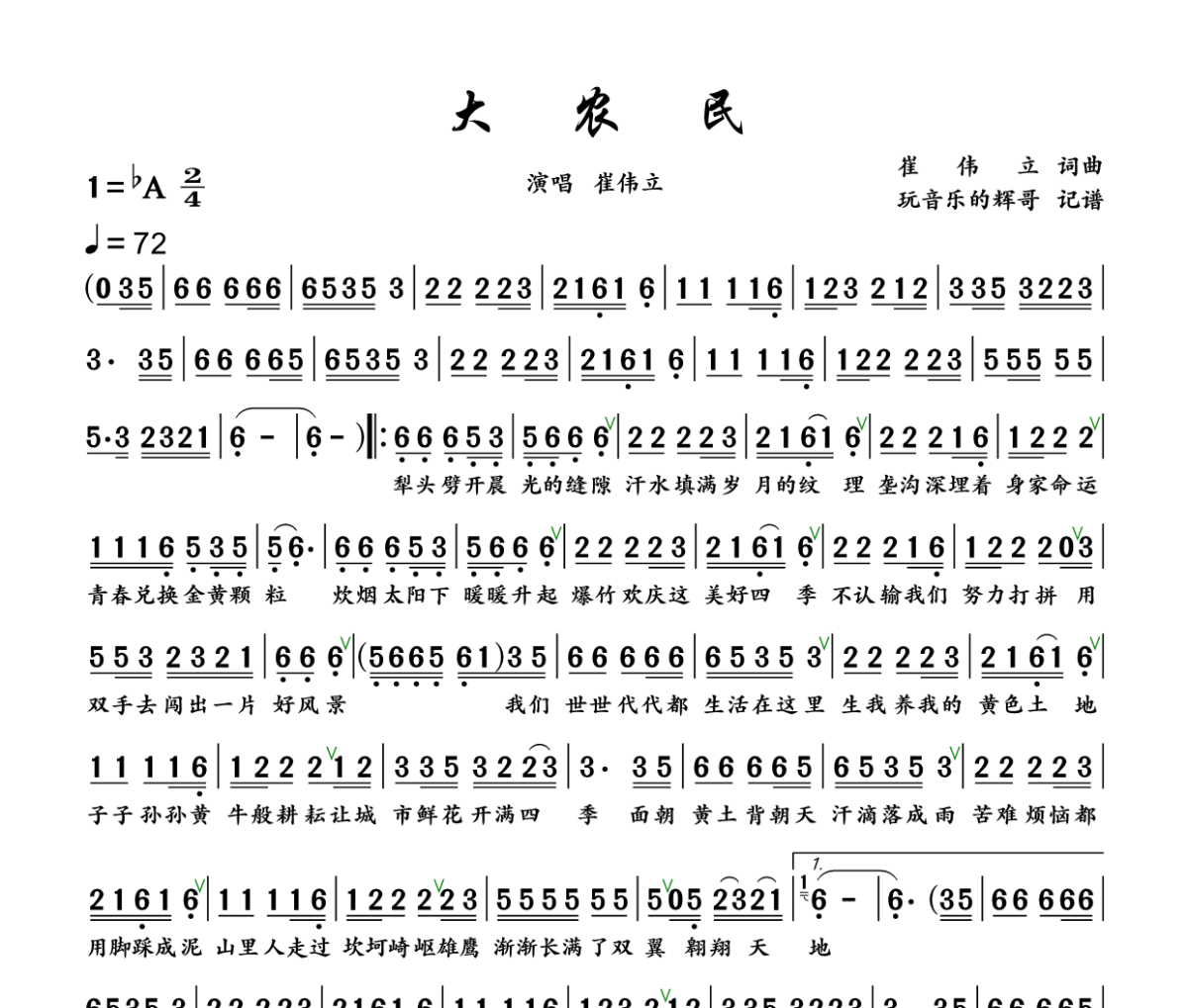 大农民简谱 崔伟立《大农民》简谱+动态视频降A调