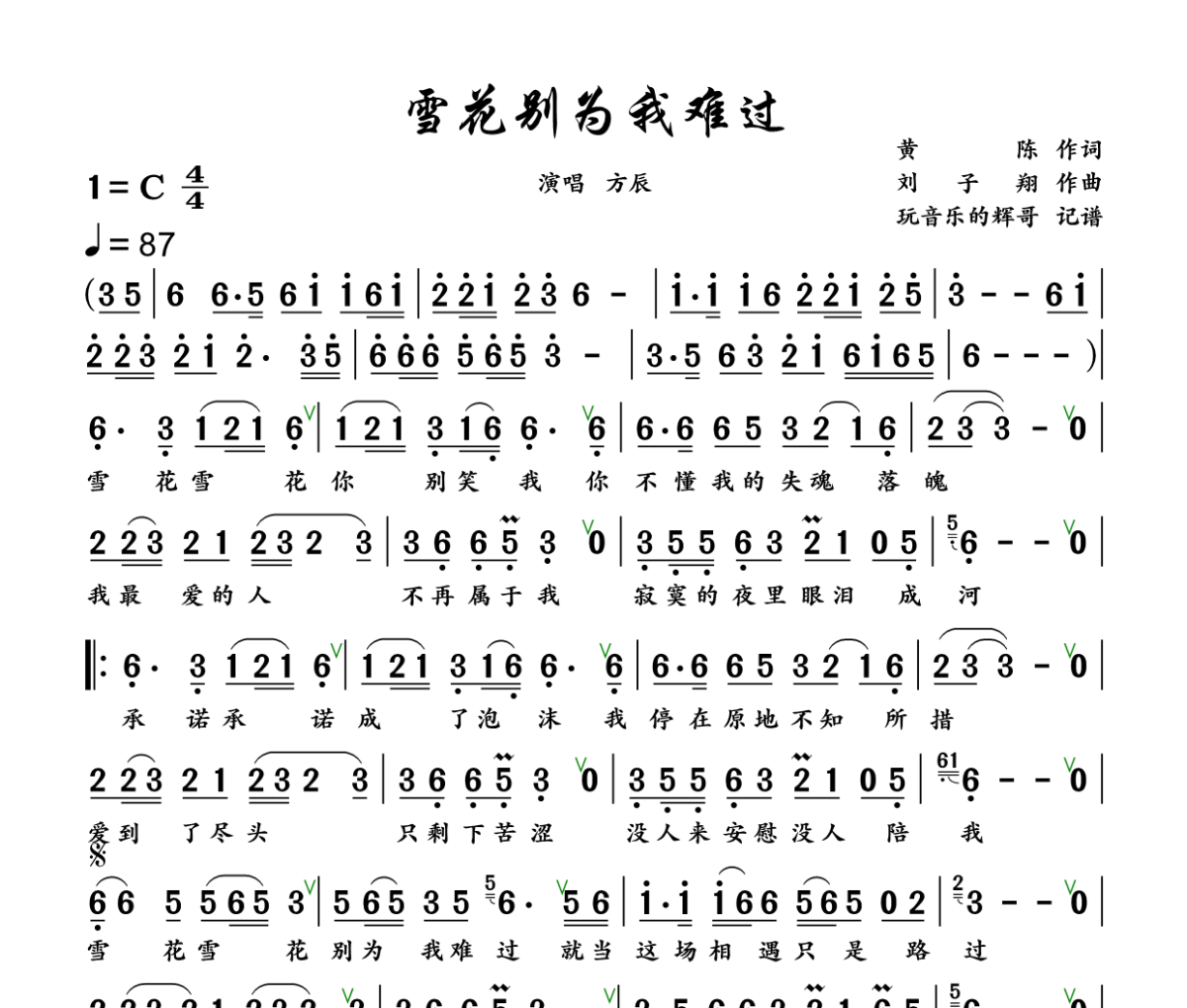 雪花别为我难过简谱 方辰《雪花别为我难过》简谱+动态视频C调